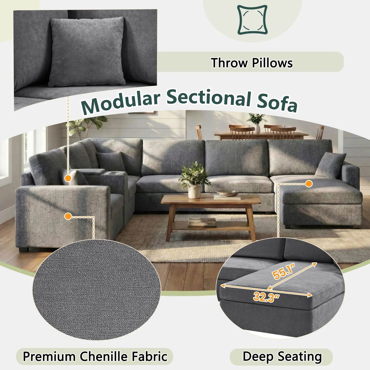 Modular 5-seat U-shaped sectional sofa with chaise in gray chenille fabric on Tampa Home & Garden Store