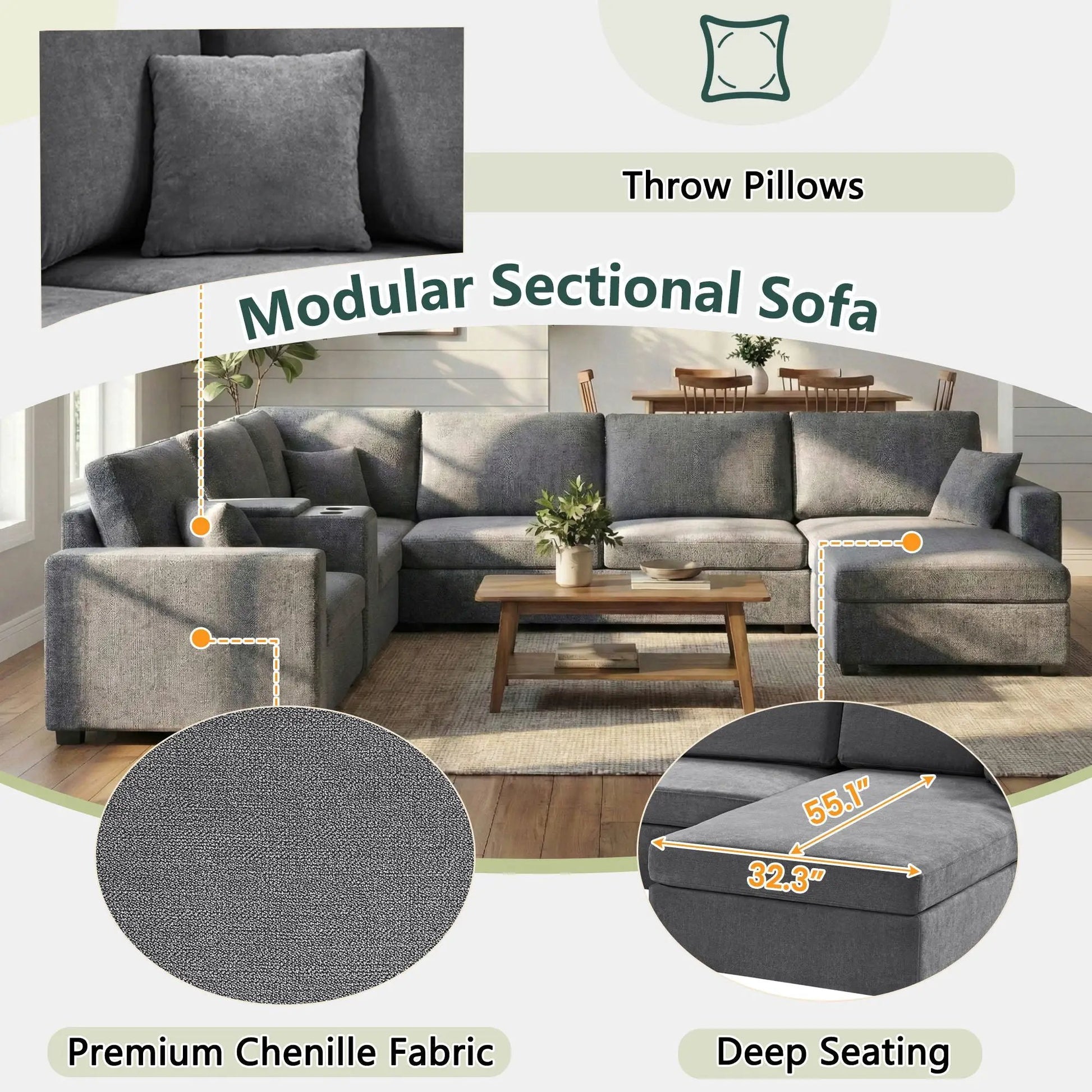 Modular 5-seat U-shaped sectional sofa with chaise in gray chenille fabric on Tampa Home & Garden Store