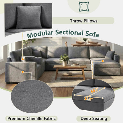 Modular 5-seat U-shaped sectional sofa with chaise in gray chenille fabric on Tampa Home & Garden Store