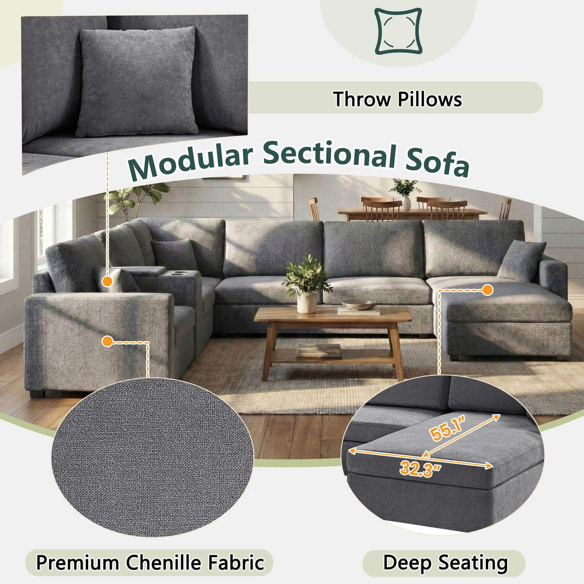 HouseOfZazla 5-seat U-shape sectional sofa with chaise gray chenille fabric; cup holders drawer on Tampa Home & Garden Store