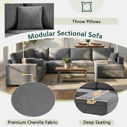 HouseOfZazla 5-seat U-shape sectional sofa with chaise gray chenille fabric; cup holders drawer on Tampa Home & Garden Store