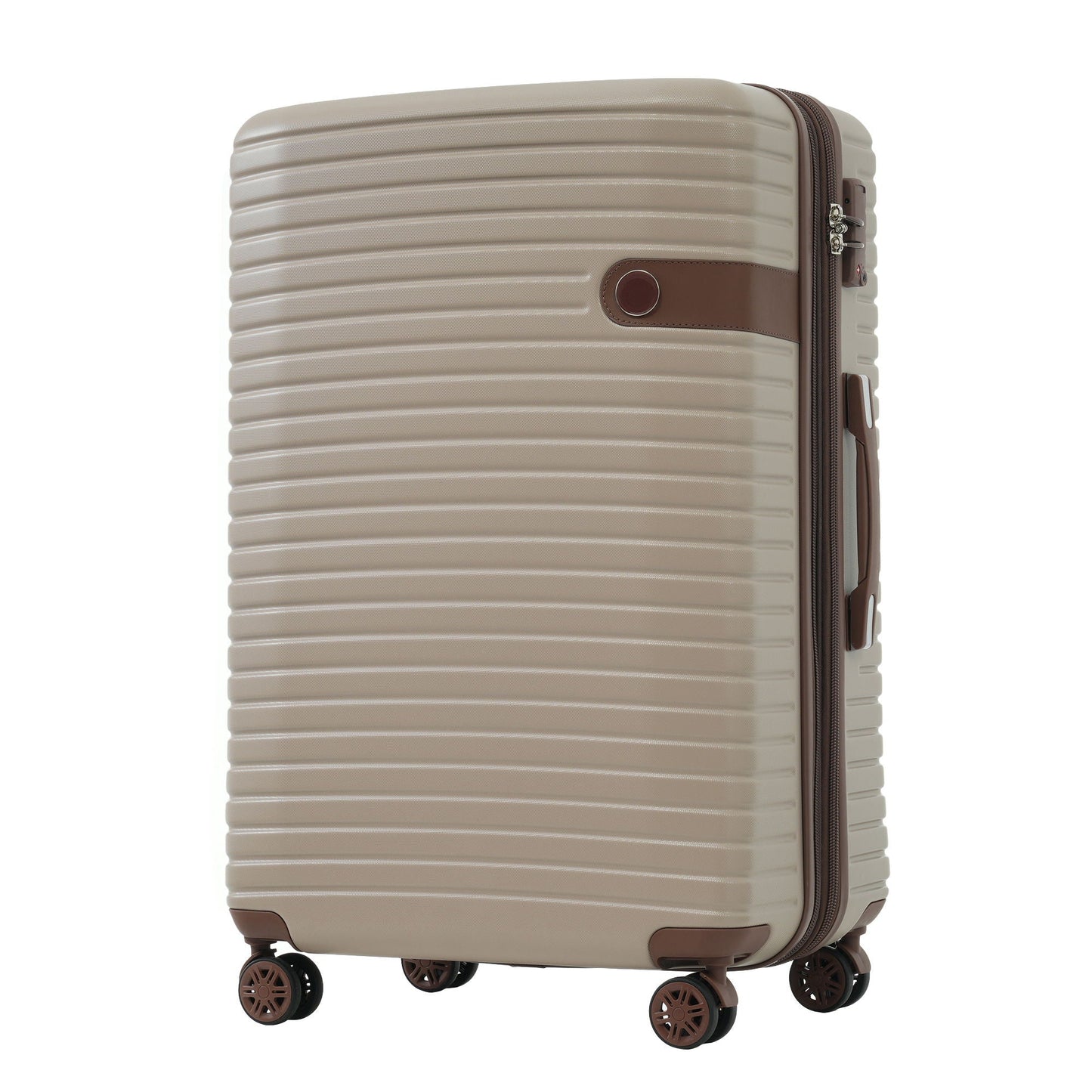 Beige hard-shell luggage with brown trim, ribbed design, and four spinner wheels on Tampa Home & Garden Store