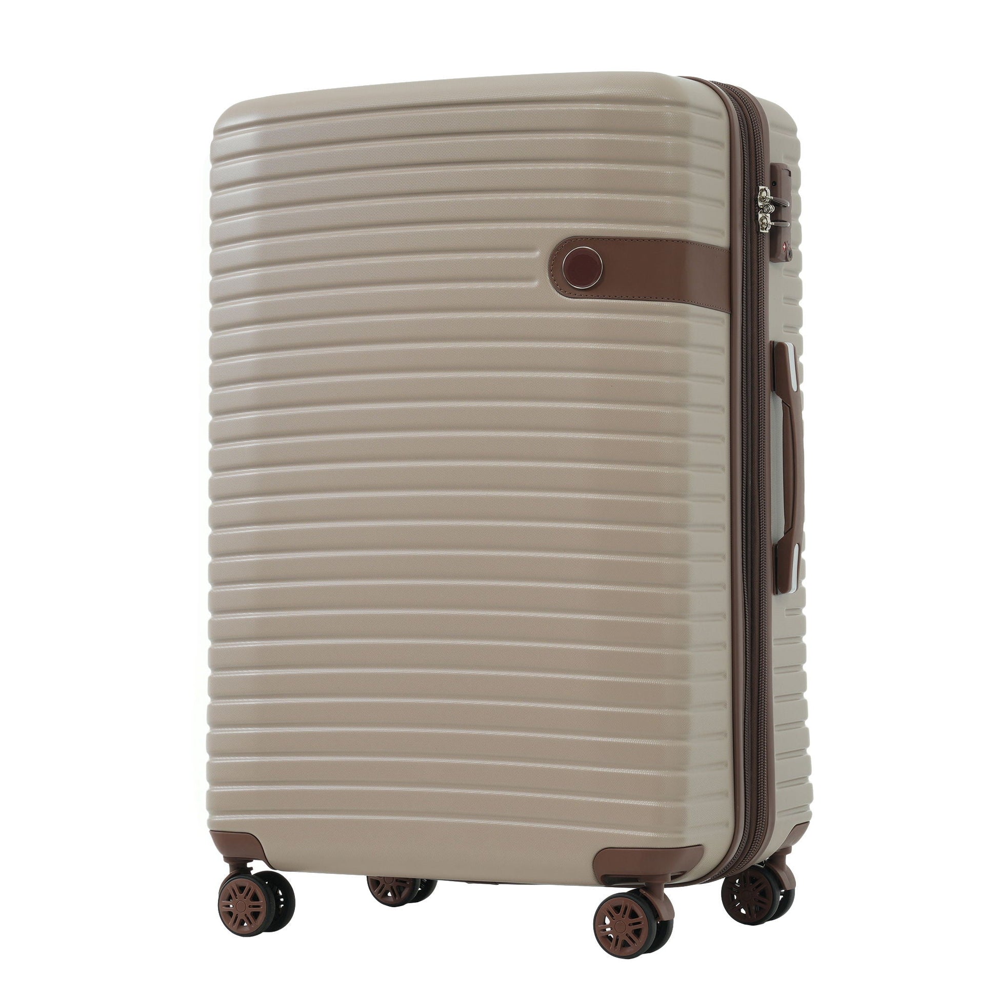 Beige hard-shell luggage with brown trim, ribbed design, and four spinner wheels on Tampa Home & Garden Store