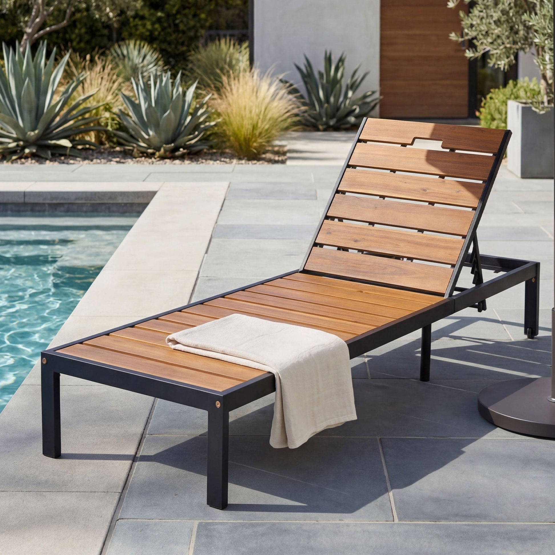 Outdoor chaise with adjustable backrest, wooden slats, black frame; 2 sunloungers HouseOfZazla on Tampa Home & Garden Store