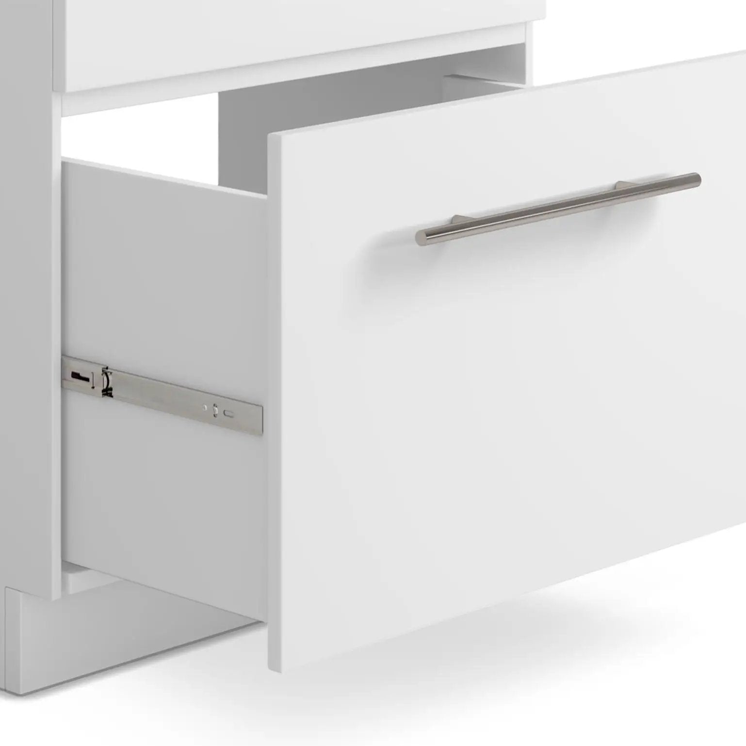 Metro laundry cabinet vanity with white finish and stainless steel bar pull handle on Tampa Home & Garden Store