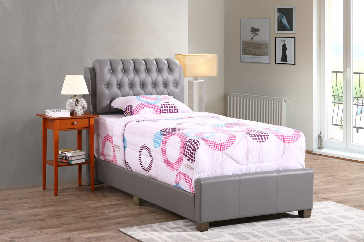Tufted Upholstered Bed gray faux-leather headboard with button tufting on Tampa Home & Garden Store