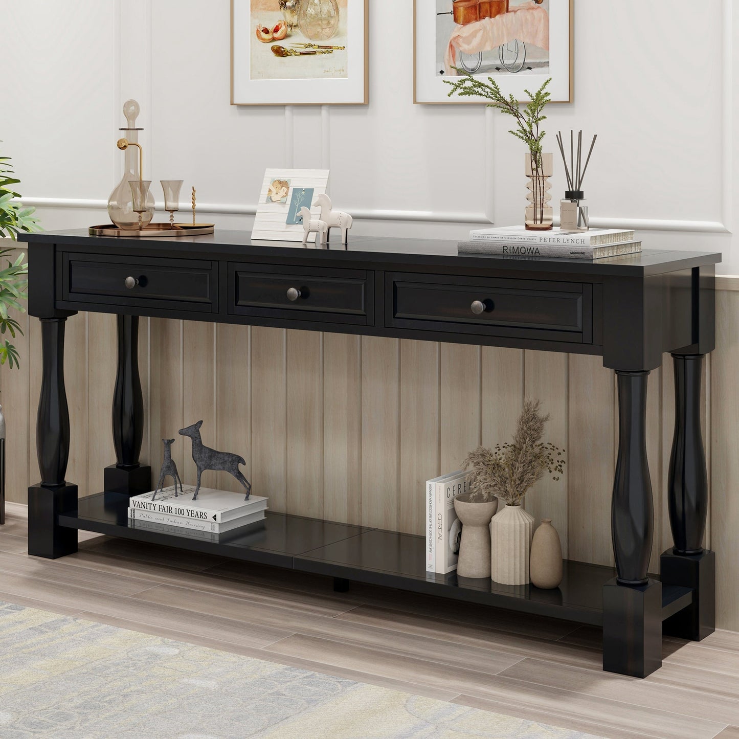 TREXM 63-inch Console Table with Drawers and Shelf, black finish, three drawers and lower shelf on Tampa Home & Garden Store