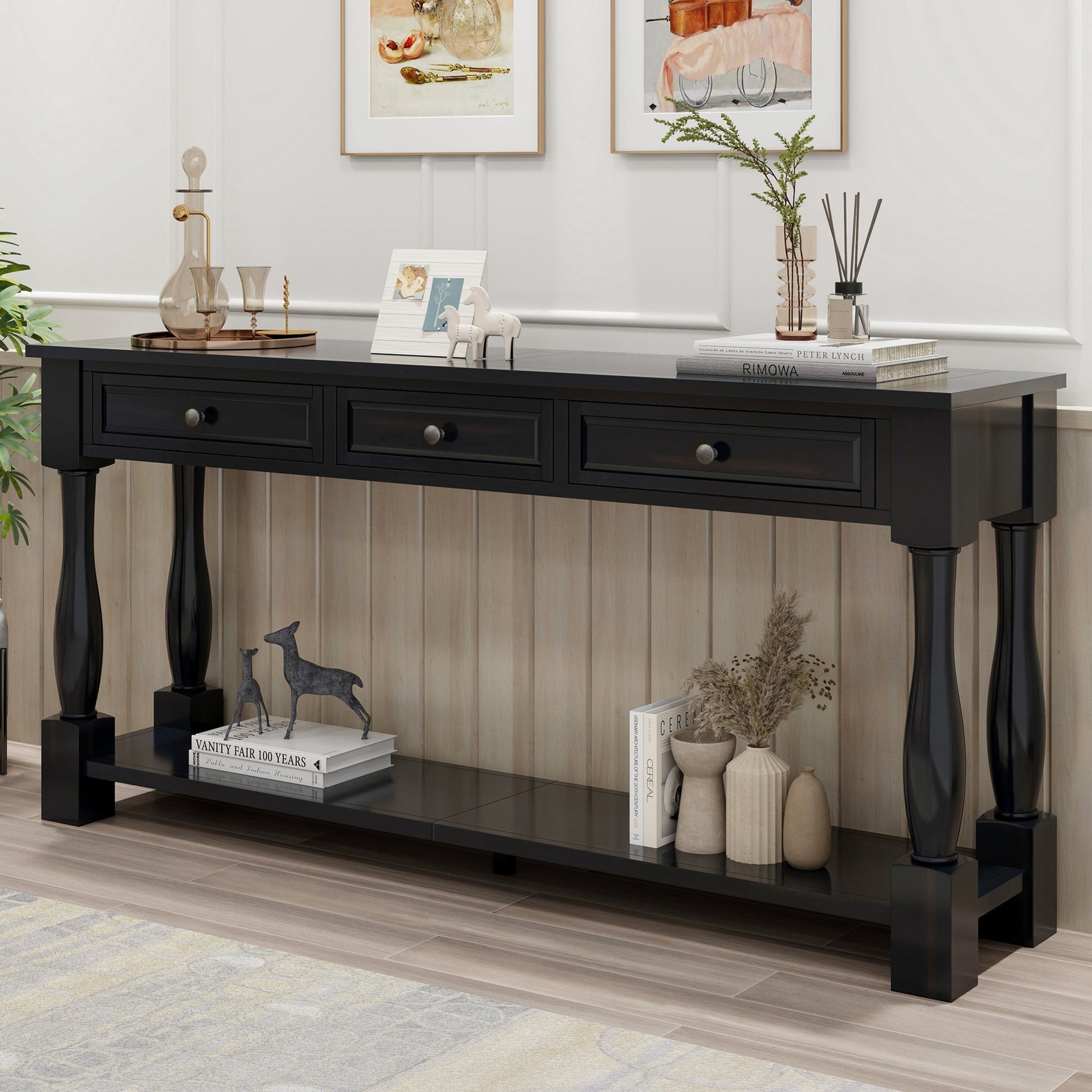 TREXM 63-inch Console Table with Drawers and Shelf, black finish, three drawers and lower shelf on Tampa Home & Garden Store