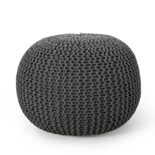 Bordeaux Knitted Cotton Round Pouf, dark gray textured knit accent ottoman by HouseOfZazla on Tampa Home & Garden Store