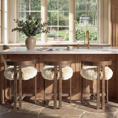 Low Back Counter Stool with Sheepskin Fur Seat, dark brown wood, set of 5 on Tampa Home & Garden Store