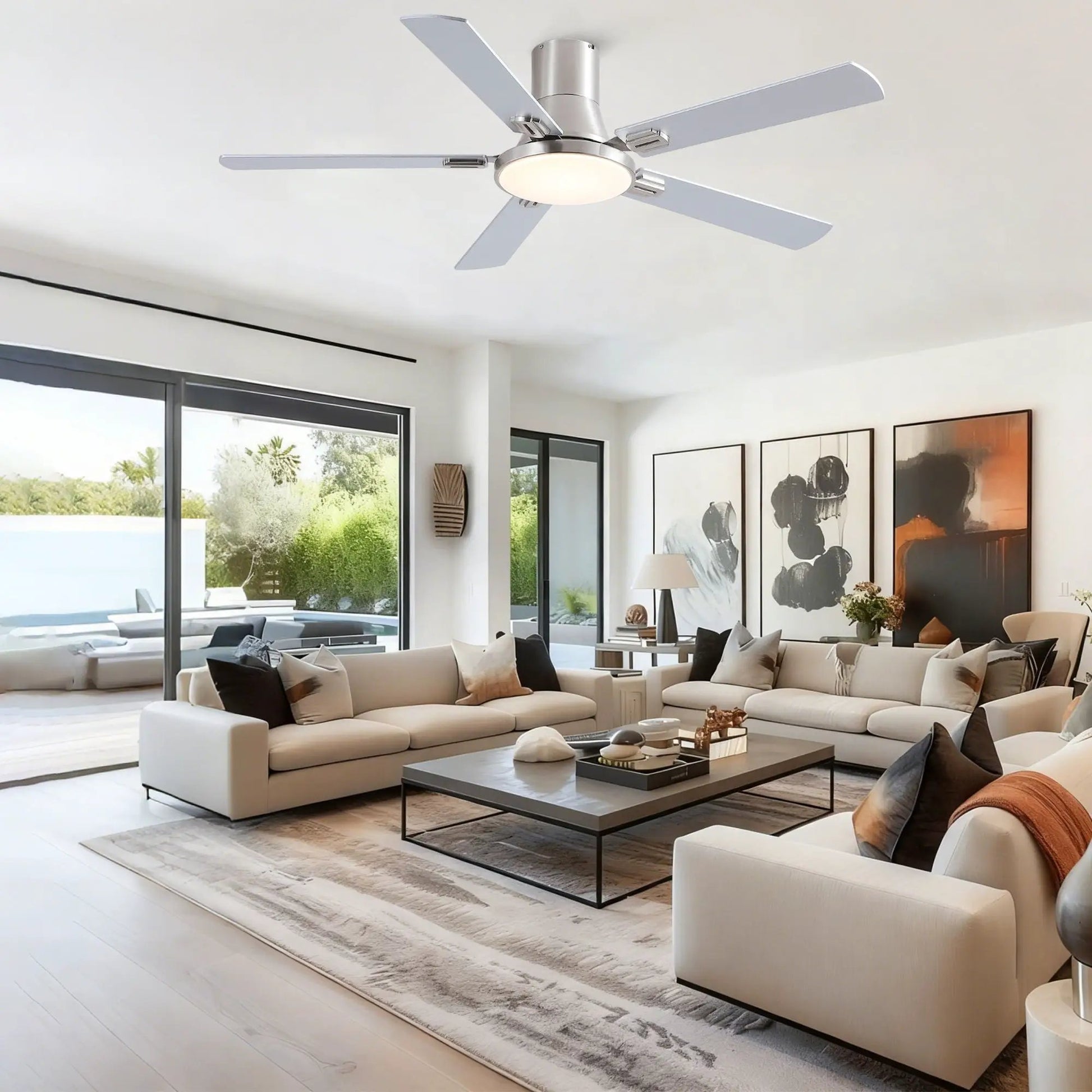 Unique Piece Furniture flush mount ceiling fan with 5 blades, LED light, remote, brushed nickel on Tampa Home & Garden Store