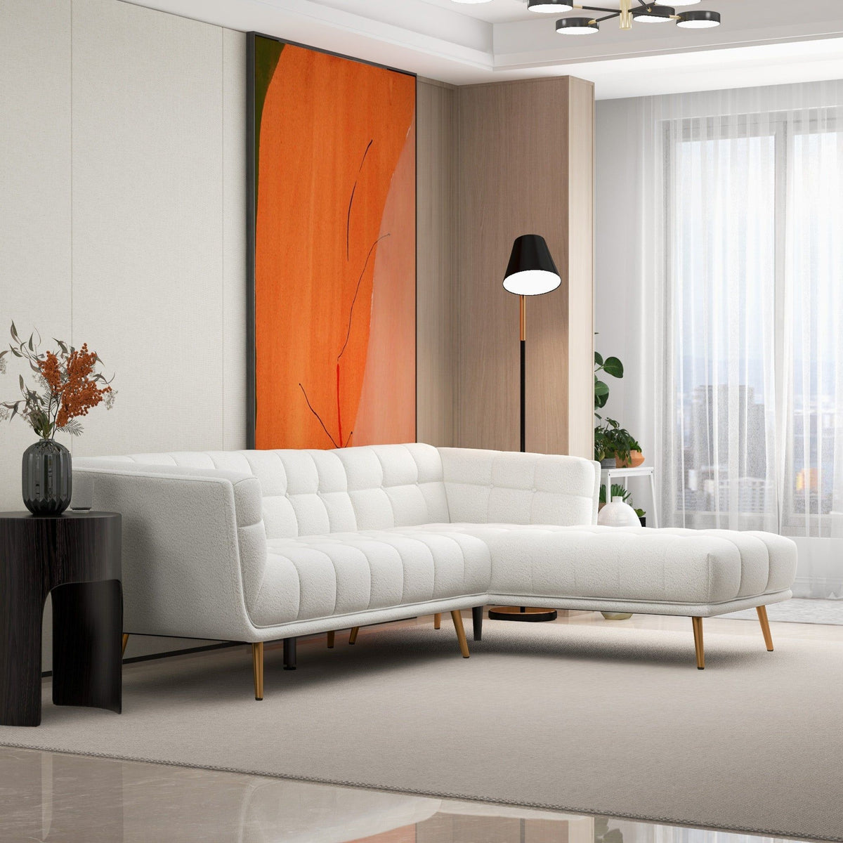 L-shaped tufted sectional sofa by HouseOfZazla in light gray with mid-century wood legs on Tampa Home & Garden Store