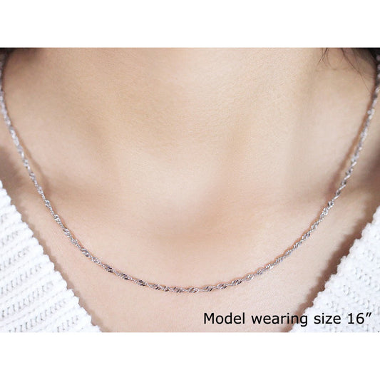 14k white gold Singapore chain necklace 1.7mm, delicate twisted shine on model neck on Tampa Home & Garden Store