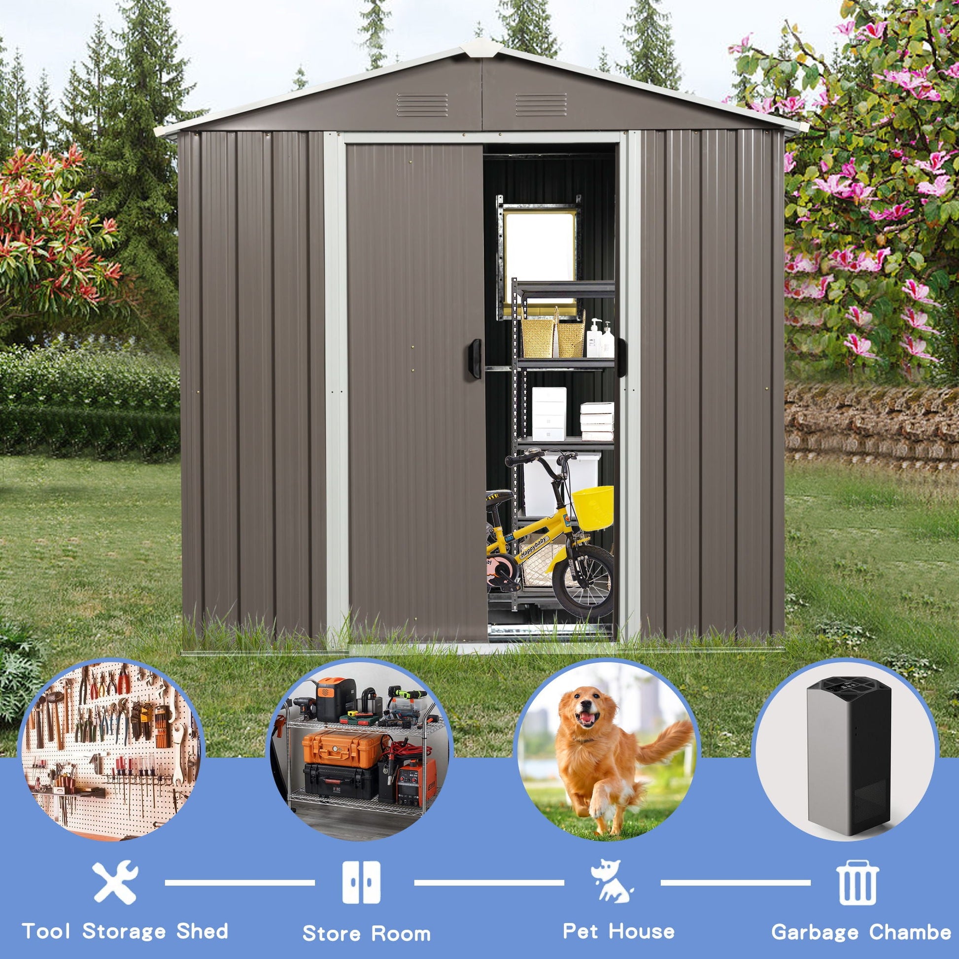 Outdoor metal storage shed 88.98in by HouseOfZazla with window, brown corrugated metal on Tampa Home & Garden Store