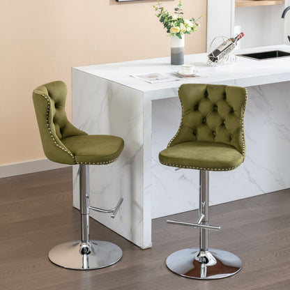 Swivel adjustable height bar stools pair in olive green tufted fabric with chrome bases on Tampa Home & Garden Store