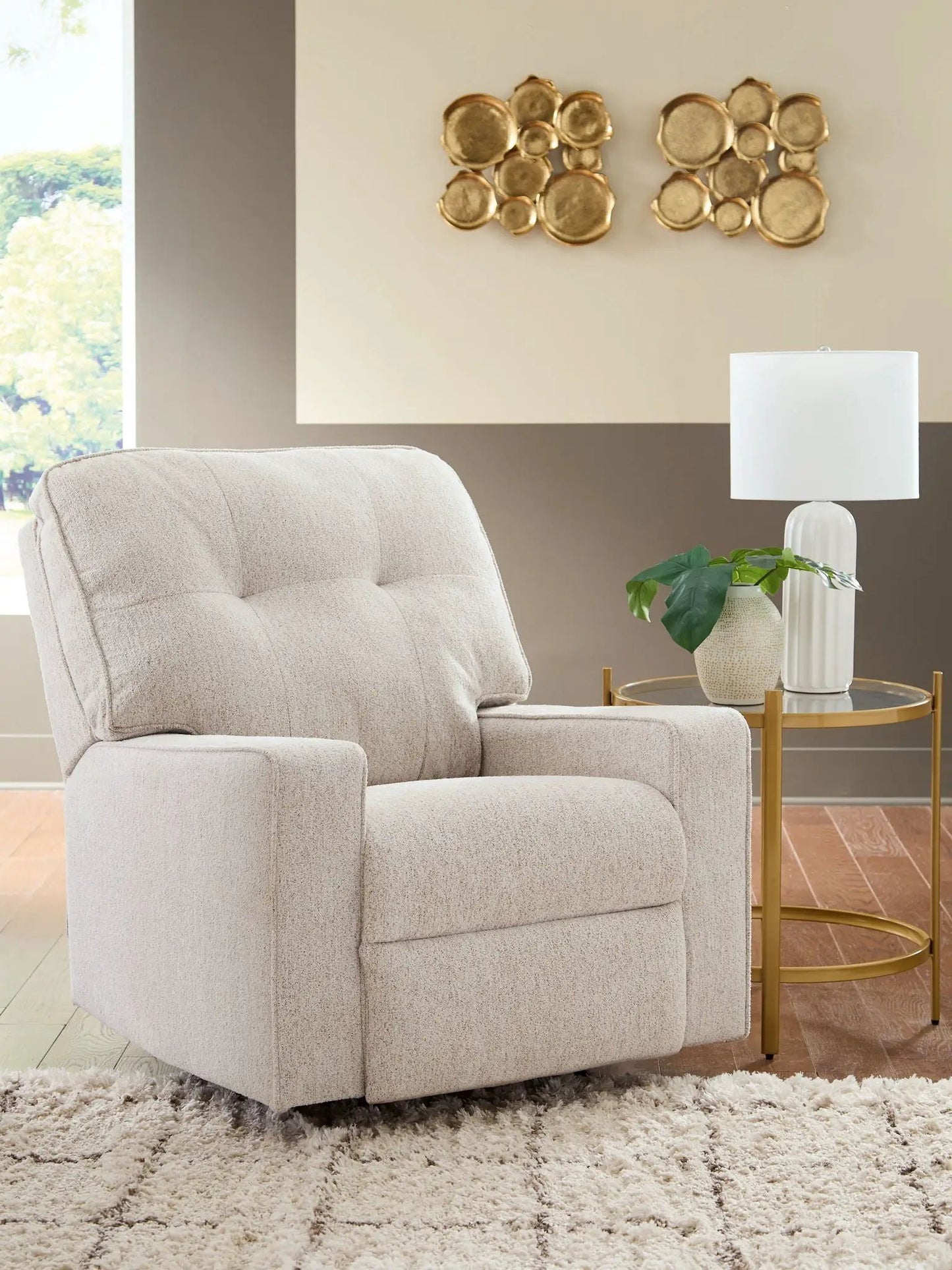 Larimer Rocker Recliner in beige fabric by Unique Piece Furniture in a modern living room on Tampa Home & Garden Store