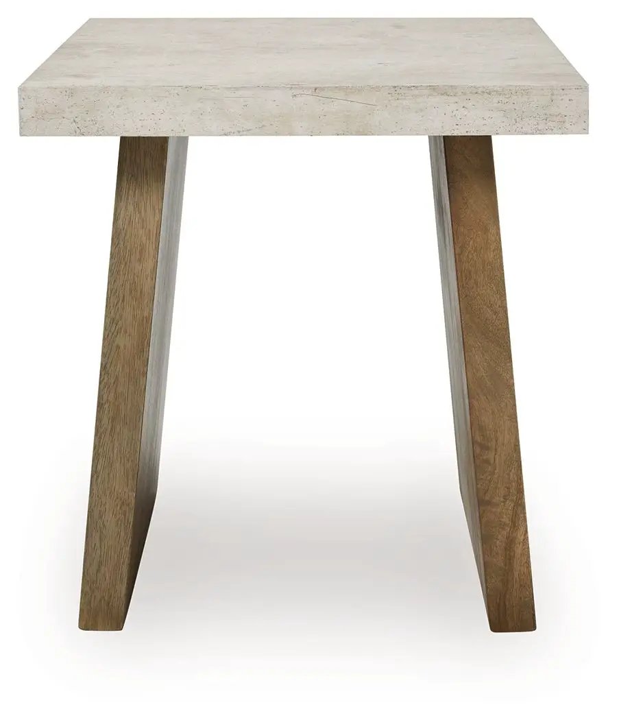 Brendalhouse rectangular cocktail table with a light stone-top and angled wooden legs on Tampa Home & Garden Store