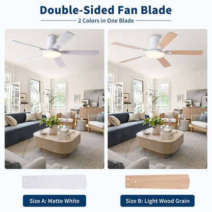 Ceiling fan with LED light and remote; dual-color blades matte white and light wood grain on Tampa Home & Garden Store