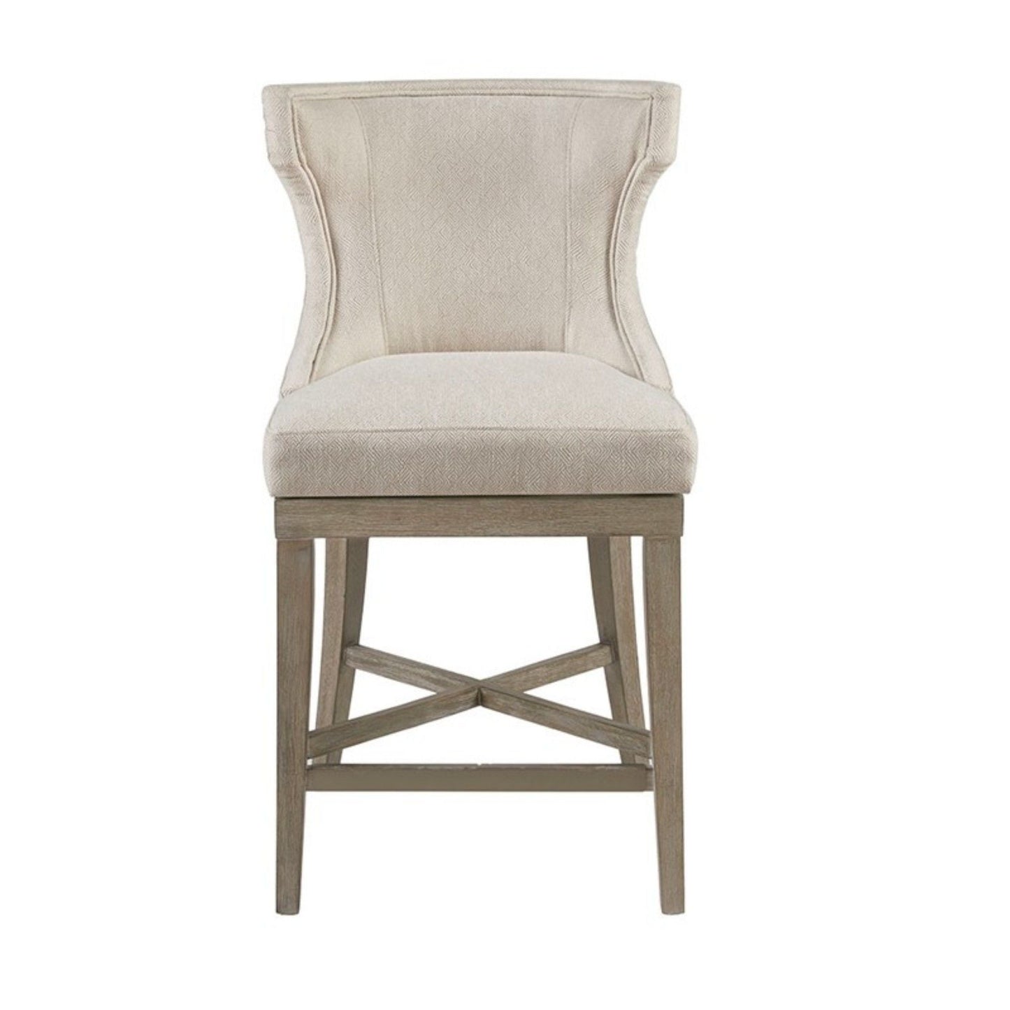 Carson Counter Stool with Swivel Seat, beige upholstery, curved back, wooden base, counter height on Tampa Home & Garden Store