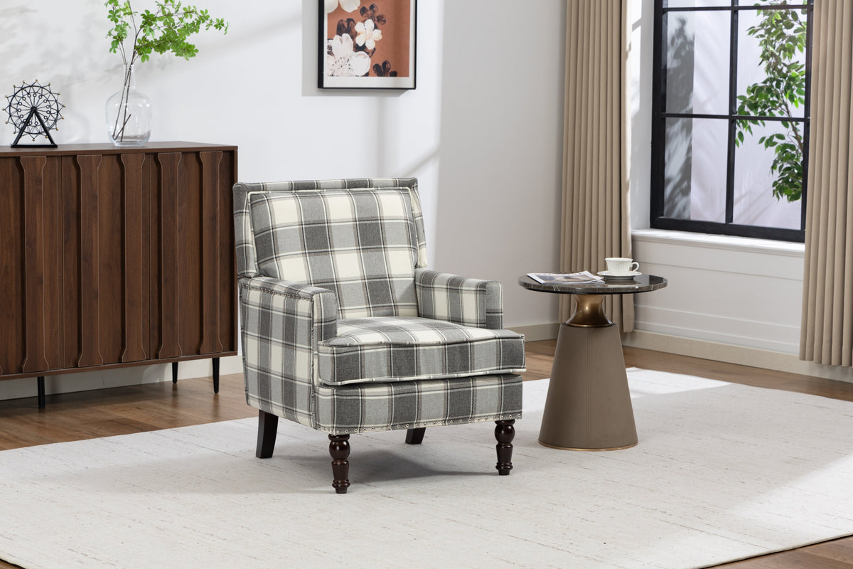 Upholstered plaid accent chair with gray and white fabric and solid wood legs on Tampa Home & Garden Store