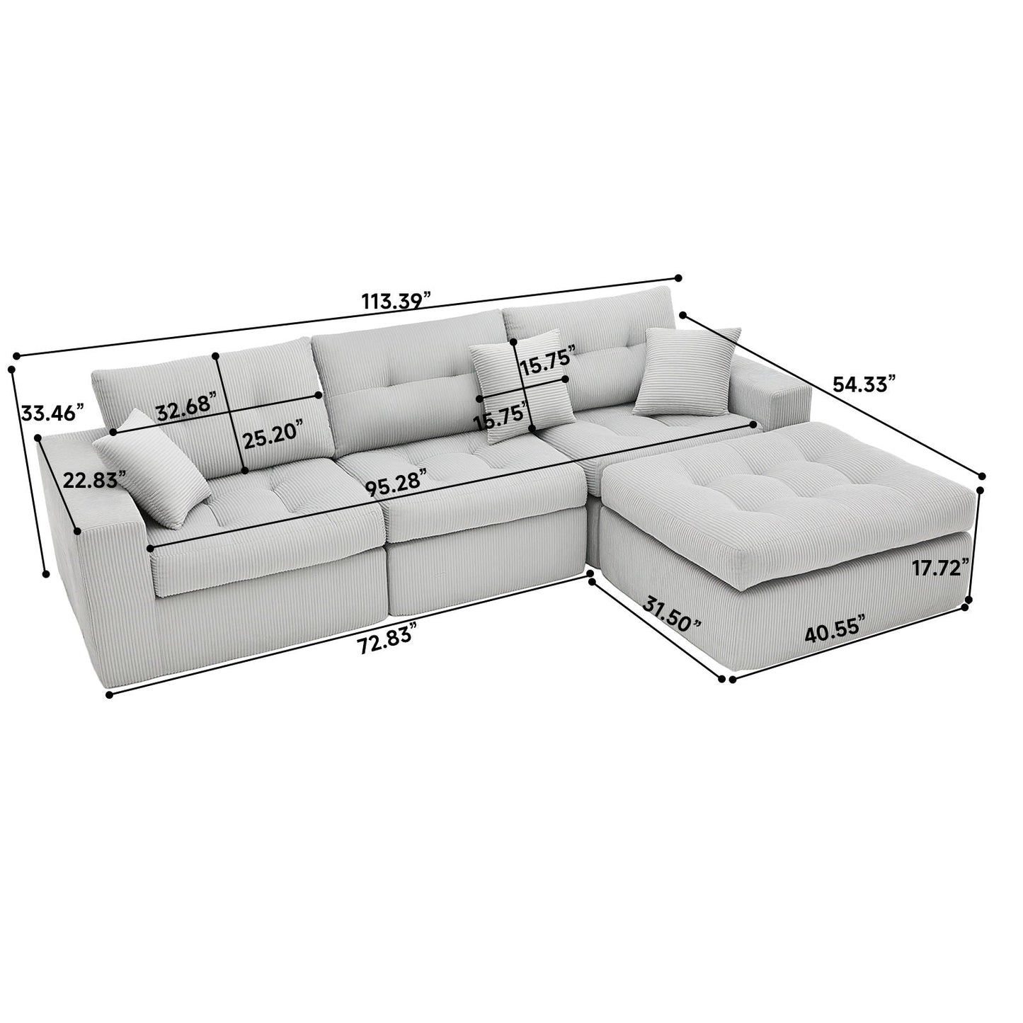 Corner chaise L shaped sectional sofa bed in light gray fabric with striped cushions HouseOfZazla on Tampa Home & Garden Store