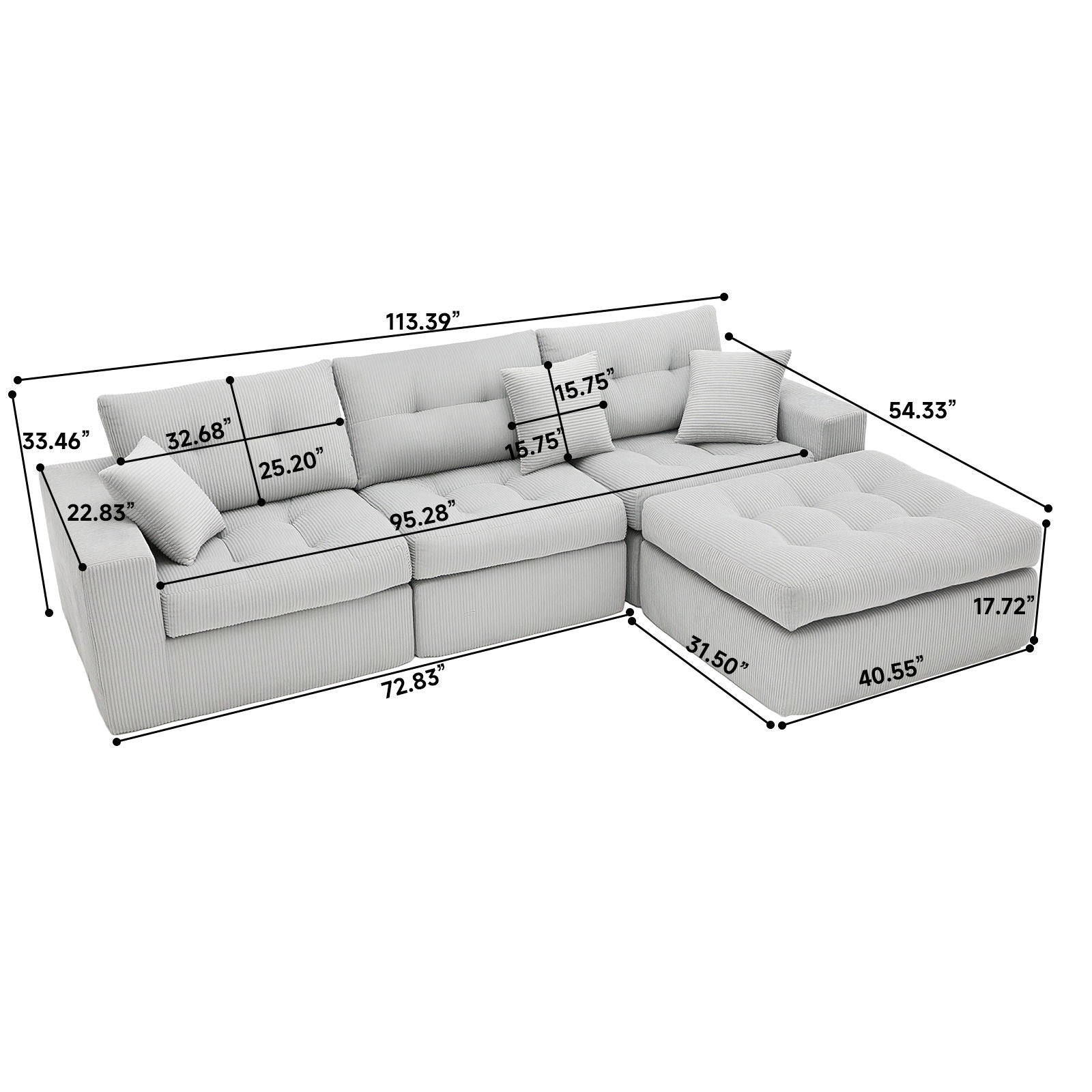 Corner chaise L shaped sectional sofa bed in light gray fabric with striped cushions HouseOfZazla on Tampa Home & Garden Store