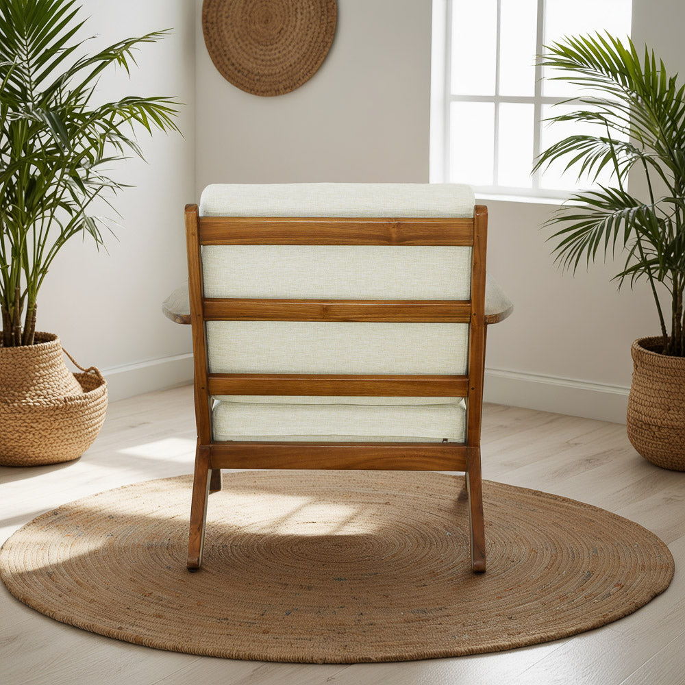 Genuine lounge chair with a solid wood frame and beige upholstery, arm chair on Tampa Home & Garden Store