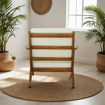 Genuine lounge chair with a solid wood frame and beige upholstery, arm chair on Tampa Home & Garden Store