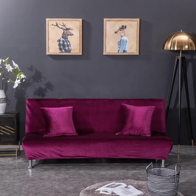 All-inclusive Silver Fox Velvet armless folding sofa in rich magenta with two matching cushions on Tampa Home & Garden Store