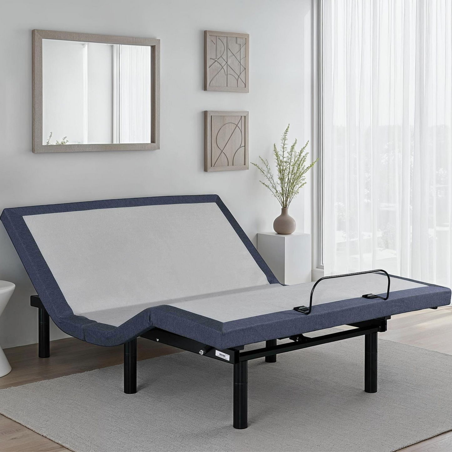 Queen adjustable bed base with massage, blue-gray upholstery and black legs, HouseOfZazla on Tampa Home & Garden Store