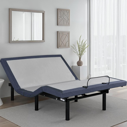 Queen adjustable bed base with massage, blue-gray upholstery and black legs, HouseOfZazla on Tampa Home & Garden Store
