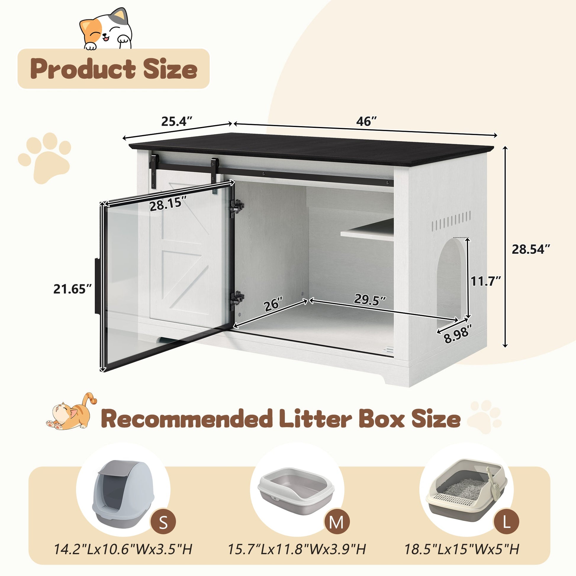46in Farmhouse Cat Litter Box Enclosure with Sliding Barn Door, black top and white body on Tampa Home & Garden Store