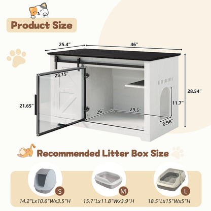 46in Farmhouse Cat Litter Box Enclosure with Sliding Barn Door, black top and white body on Tampa Home & Garden Store