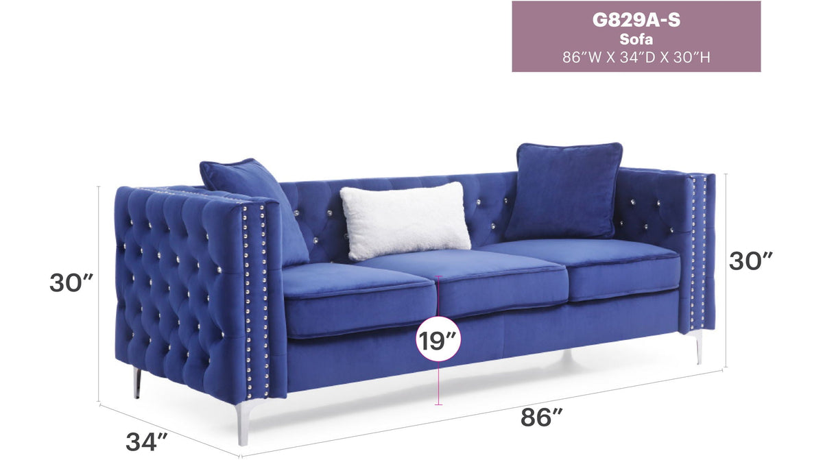 Paige Sofa blue velvet stationary with tufted sides and nailhead trim 86W x 34D x 30H HouseOfZazla on Tampa Home & Garden Store