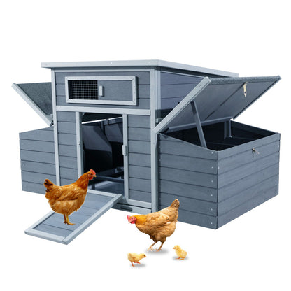 Large chicken coop outdoor hen house with dual nesting boxes, gray wood finish, ramp on Tampa Home & Garden Store