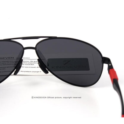 Stevvex men's polarized aviator shades with aluminum frame, black lenses, red temple tip on Tampa Home & Garden Store