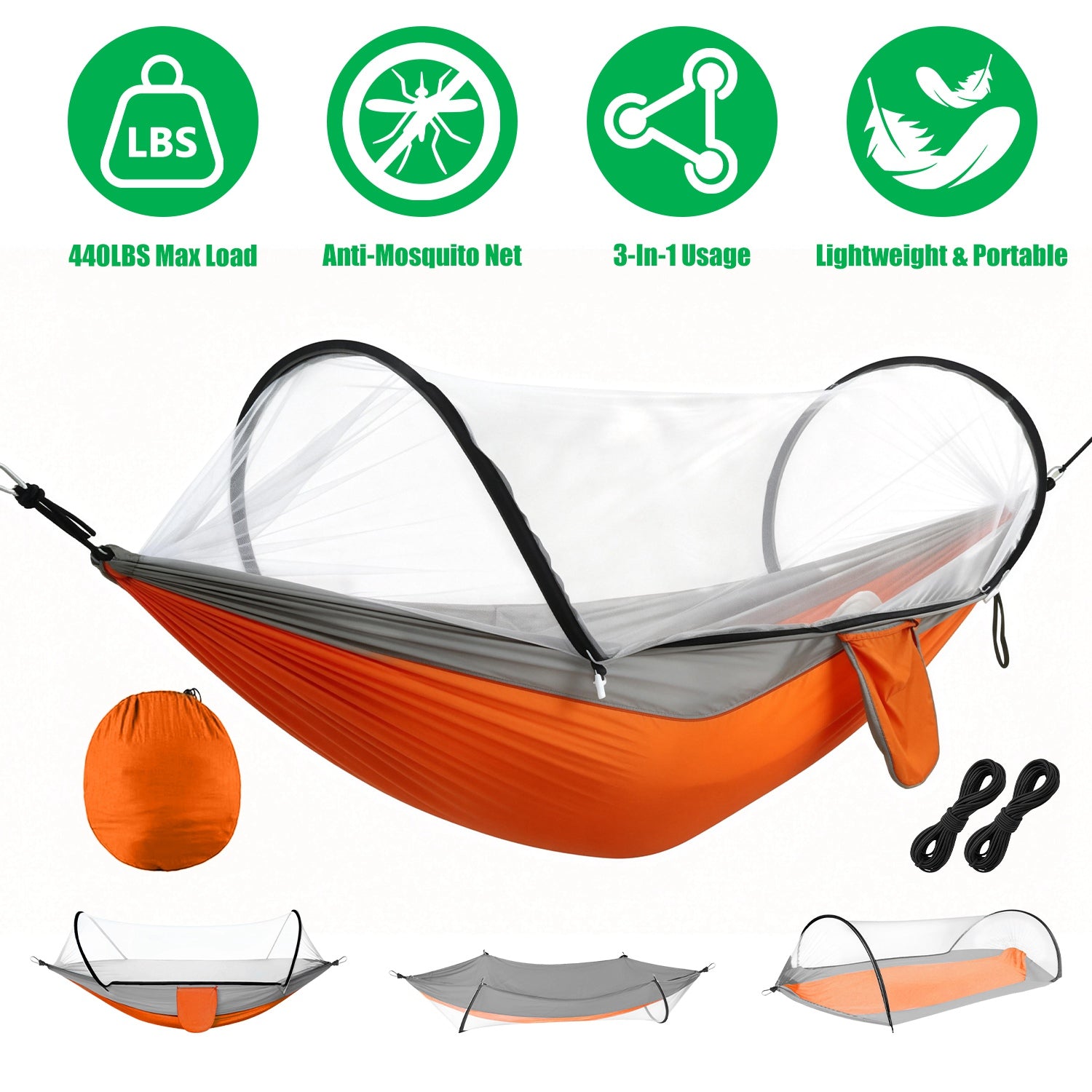 GemGear Camping Hammock with Mosquito Net, orange/gray, 440lbs max load, 3-in-1 portable on Tampa Home & Garden Store