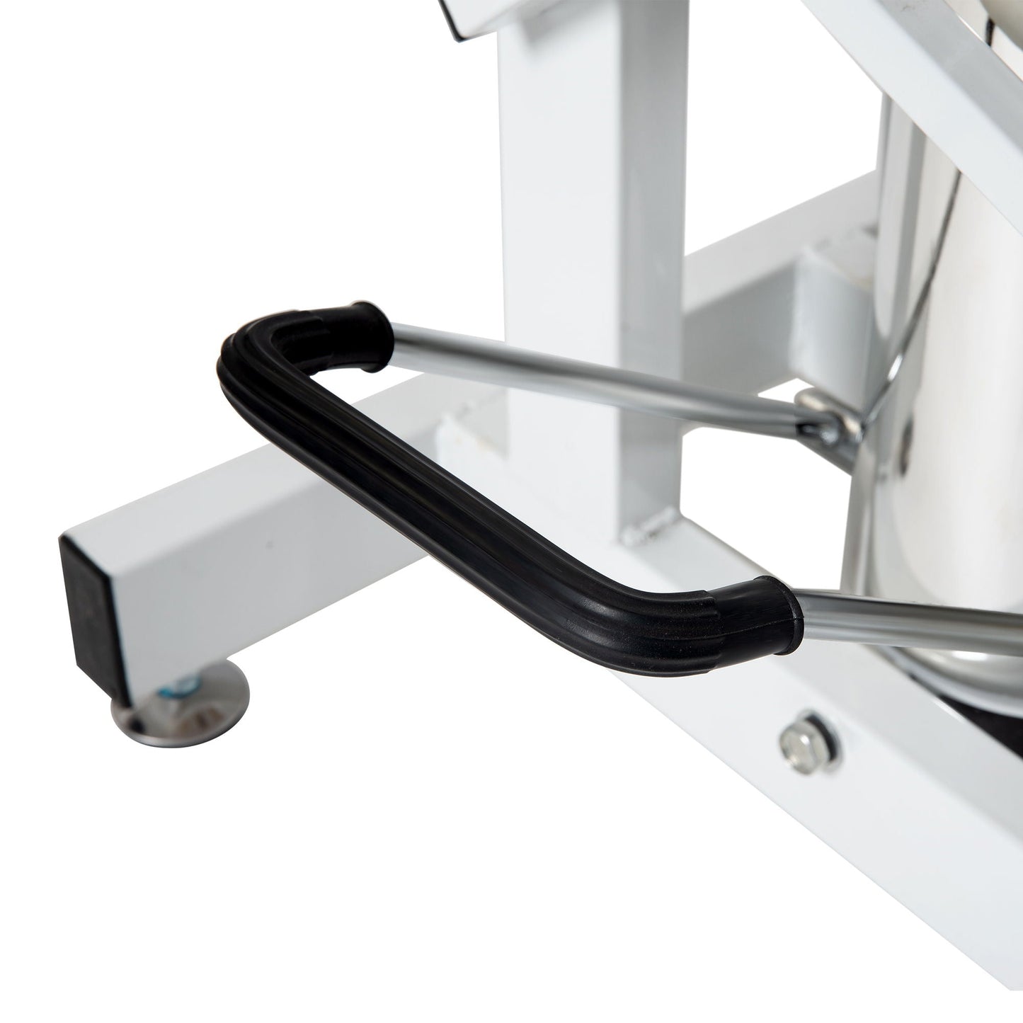 Hydraulic Pet Grooming Table with white metal frame and coiled black hose on Tampa Home & Garden Store