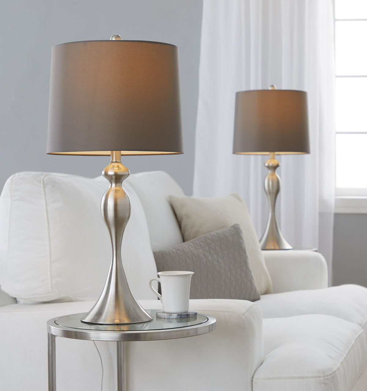 Ashland Contemporary Table Lamp set of 2 with taupe fabric shades and brushed-silver bases on Tampa Home & Garden Store