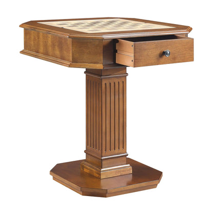 Galini Game Table Walnut with chessboard top; drawer open on pedestal base by Unique Piece on Tampa Home & Garden Store
