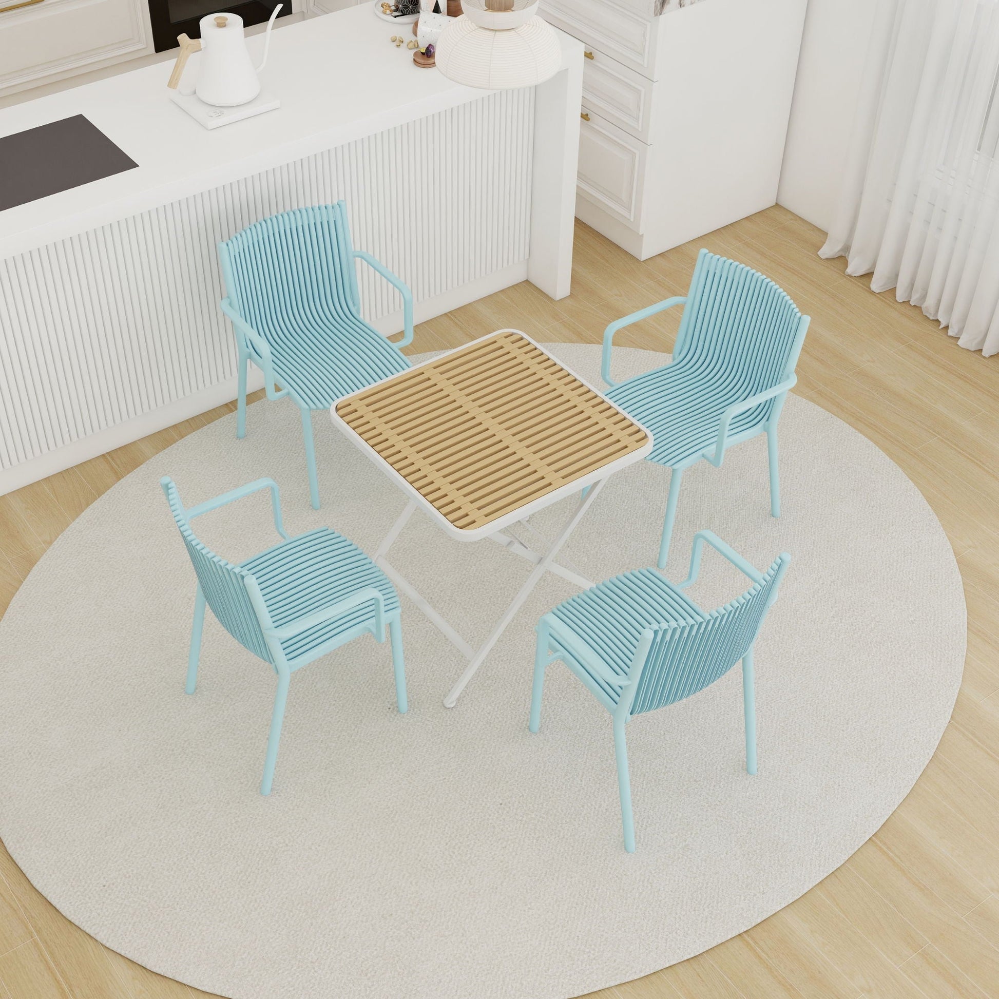 4 modern stackable plastic armchairs with folding square table in light blue, outdoor set on Tampa Home & Garden Store