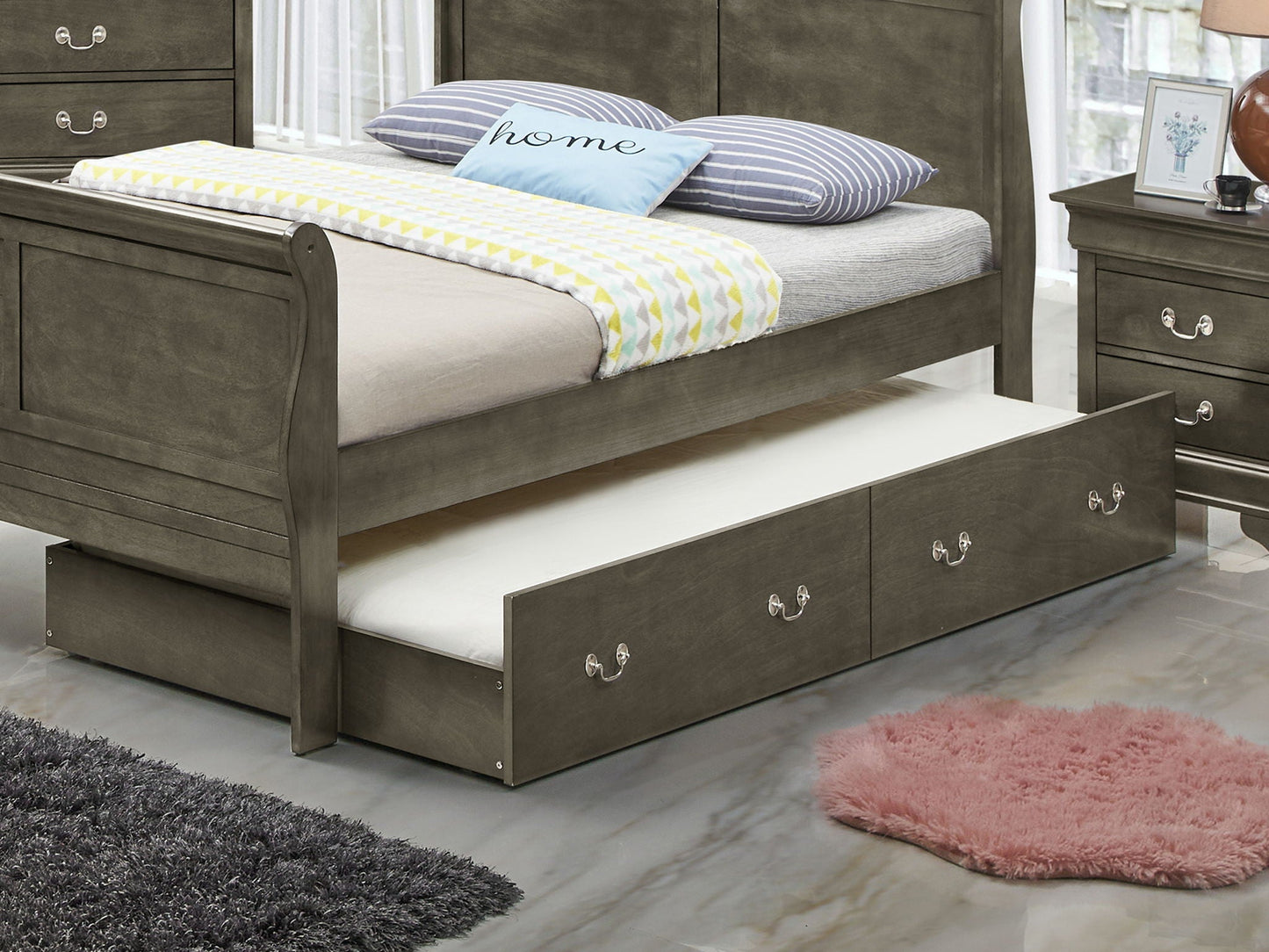 Elegant trundle bed in dark gray wood with built-in storage drawers and pull-out trundle on Tampa Home & Garden Store