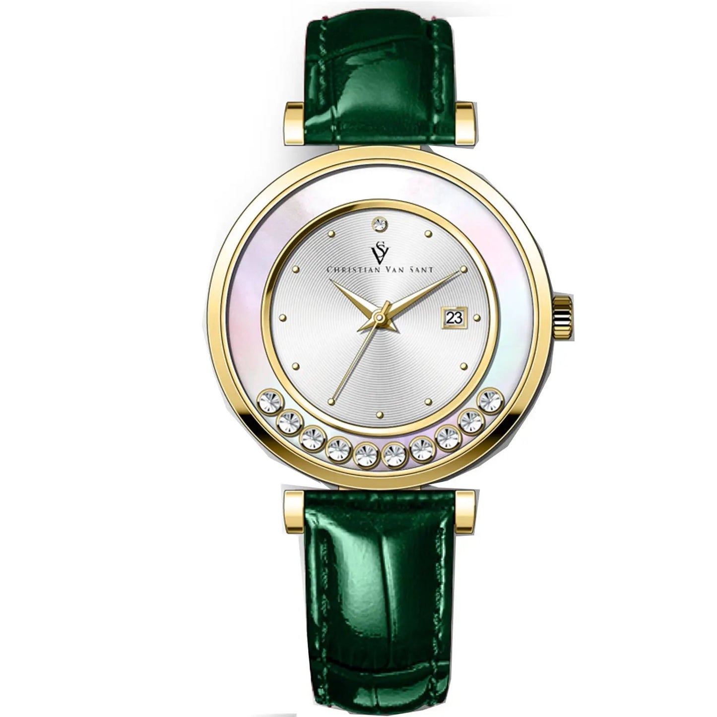 Bria watch, Christian Van Sant, gold-tone case, iridescent bezel, white dial, green strap on Tampa Home & Garden Store