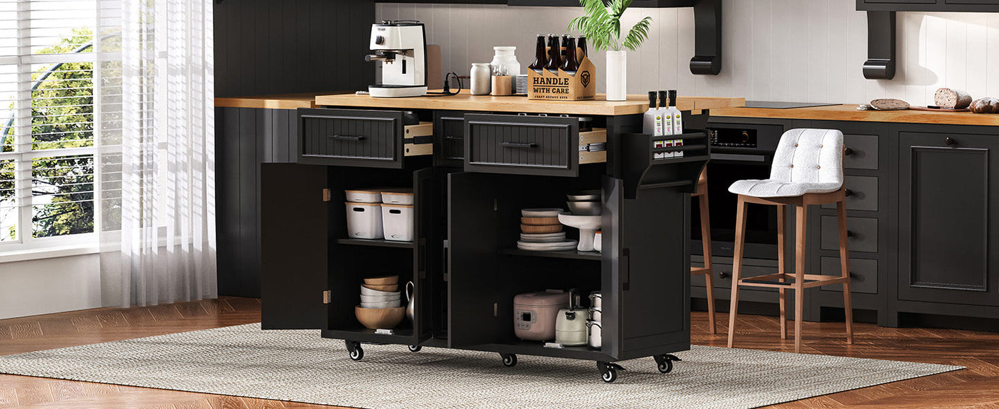 K&K 56.5'' Kitchen Island with Drop Leaf, Power Outlet, black, casters, open storage on Tampa Home & Garden Store