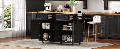 K&K 56.5'' Kitchen Island with Drop Leaf, Power Outlet, black, casters, open storage on Tampa Home & Garden Store