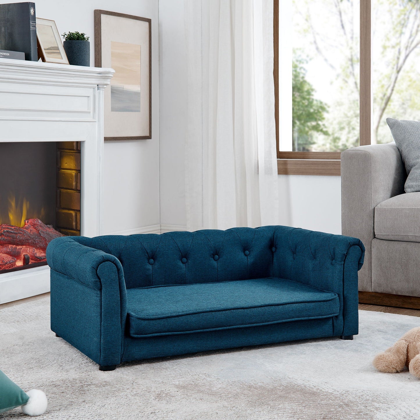HouseOfZazla Modern Elegant Rectangle Pet Bed blue tufted elevated dog sofa in living room on Tampa Home & Garden Store