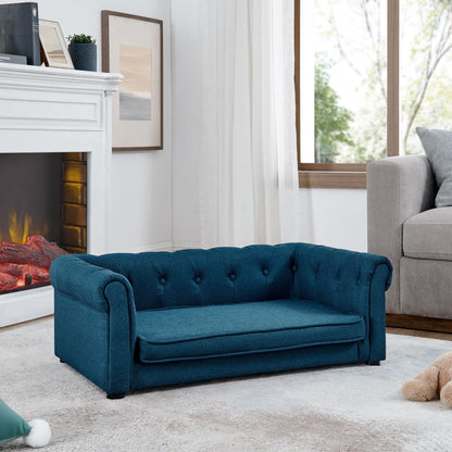 HouseOfZazla Modern Elegant Rectangle Pet Bed blue tufted elevated dog sofa in living room on Tampa Home & Garden Store