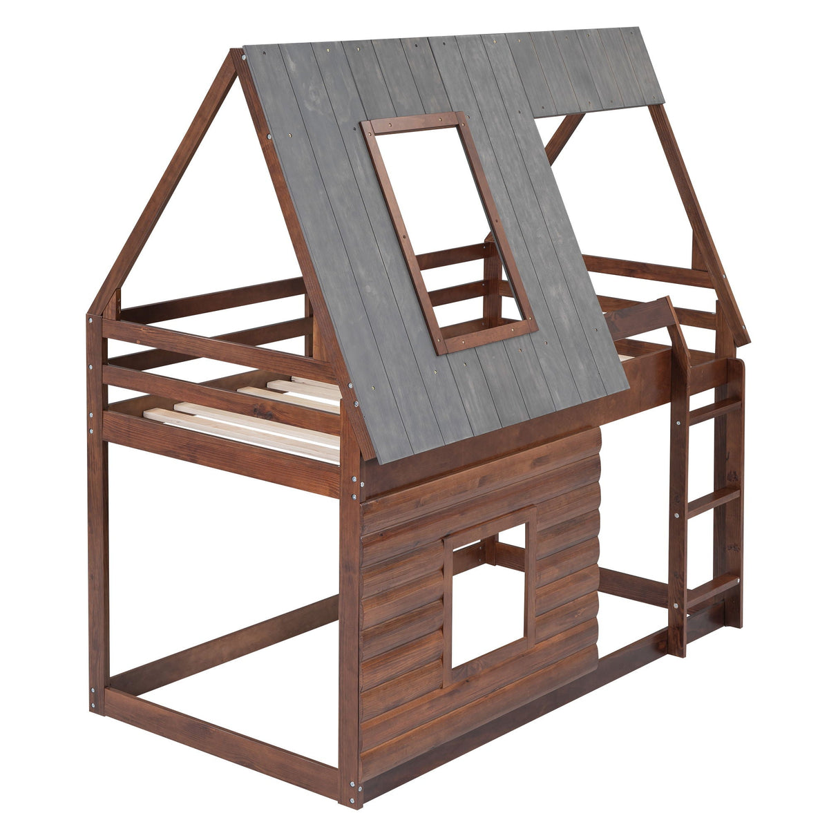 Wood twinsize house bunk bed with oak frame, smoky gray roof panels, ladder and two windows on Tampa Home & Garden Store