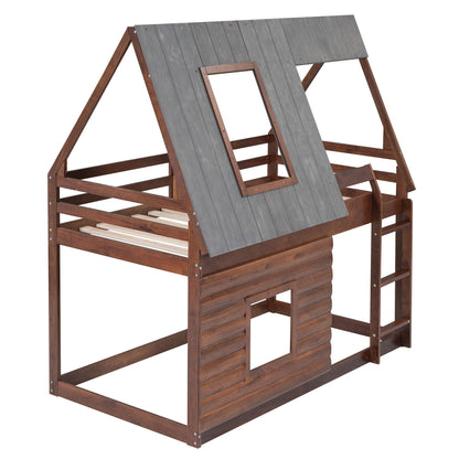 Wood twinsize house bunk bed with oak frame, smoky gray roof panels, ladder and two windows on Tampa Home & Garden Store