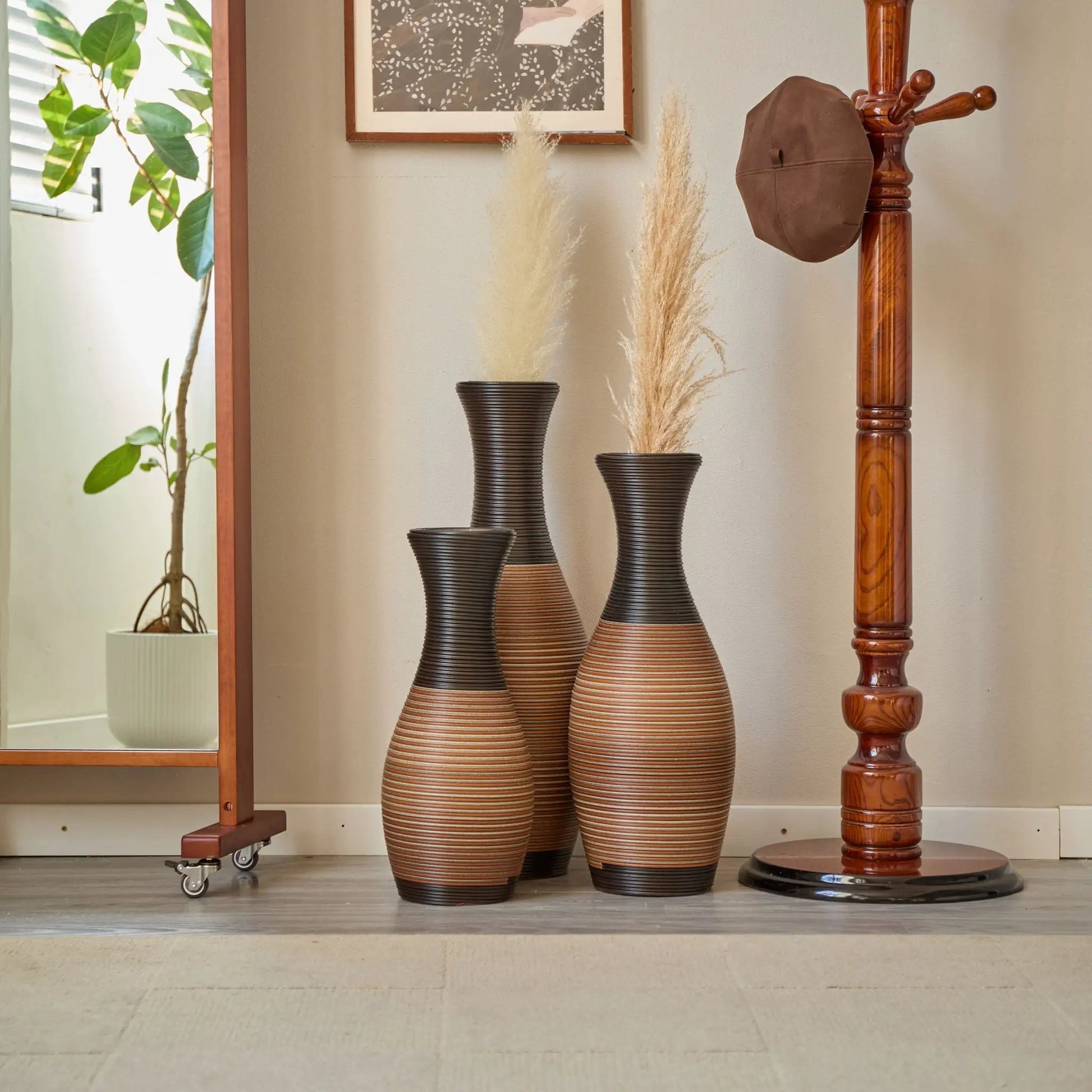 Designer floor vases set of 3, ribbed ceramic in dark-to-tan gradient on Tampa Home & Garden Store